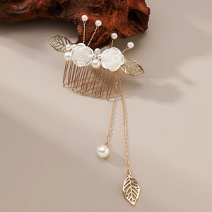 Elegante Pettine per Capelli in Oro con Rose Vintage con Nappine di Künstliche Perle Foglie Traforate Stile Francese Matrimonio Donna
