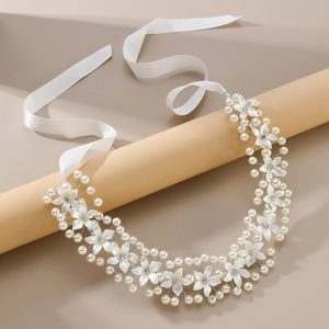 Élégante Vigne de Cheveux Mariée Fleur Blanche Künstliche Perle Strass Serre-tête Ruban de Satin Accessoire de Cheveux Romantique Mariage