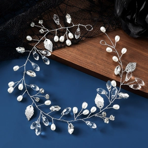 Handmade Bridal Hair Vine Silver Alloy Leaf Faux Artificial Pearl Crystal Hairband Elegant Wedding Headpiece For Women Banquet Party Hair Accessories