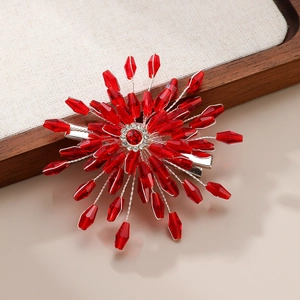 Elegant red crystal flower bridal hair clip with rhinestone center and silver wire detailing