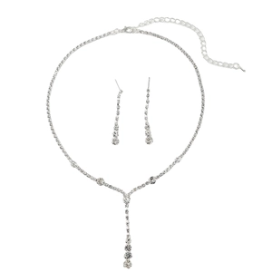 Silver crystal bridal jewelry set featuring a shimmering rhinestone necklace and drop earrings