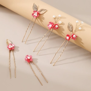 5er-Set brauthaarschmuck mit rosa blüten und perlen in goldfarbener ausführung