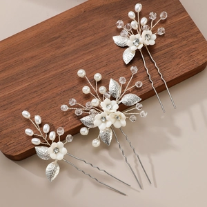 Elegant Silver Alloy Bridal Hair Pins With White Polymer Clay Flowers And Faux Artificial Pearls Rhinestone Leaf Wedding Accessory