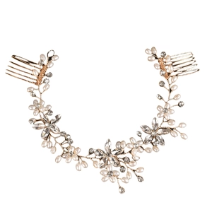 Detail view of handmade gold bridal hair vine with white pearls and crystal flower accents