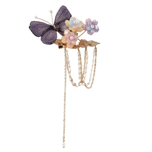 Pince à cheveux Hanfu papillon brodé violet avec fleurs et pampilles de perles élégantes