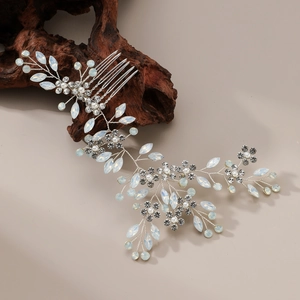 Handmade bridal hair comb with crystal flowers, white pearls and opal marquise stones