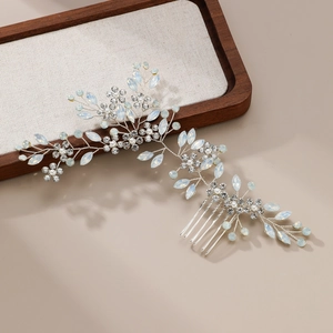 Handmade Alloy Rhinestone Floral Bridal Hair Comb Silver Wedding Hair Piece With Artificial Pearl Elegant Women Headpiece