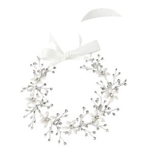 Serre-tête de mariée avec fleurs en strass et feuilles émaillées sur rubans de satin