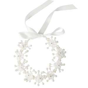 Elegant white bridal headband with handmade fabric flowers, pearls and crystal accents