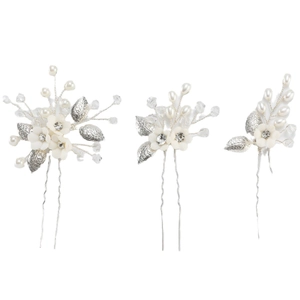 3-piece bridal hair pin set with white ceramic flowers, silver leaves and pearls