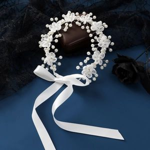 Elegant Handmade White Organza Flower Artificial Pearl Bridal Hairband With Satin Ribbon Rhinestone Wedding Party Women Headpiece