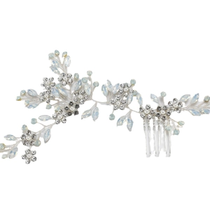 Elegant silver bridal hair comb with crystal flowers and opal marquise stones