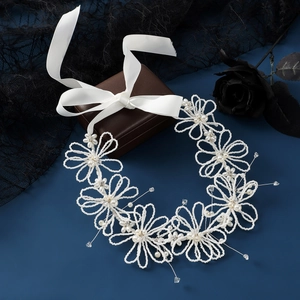 Fascia per Capelli da Sposa Fatta a Mano con Fiori Künstliche Perle Sintetiche Strass Nastro di Satin Accessori per Capelli Matrimonio Donna