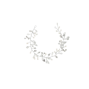 Handmade bridal hair vine with silver leaves, white pearls and crystal beads on white background