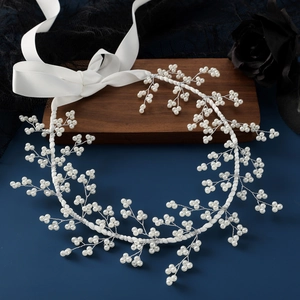 Handmade White Artificial Pearl Bridal Hair Vine Elegant Silver Metal Wire Branch Headband With Satin Ribbon For Wedding Women Jewelry