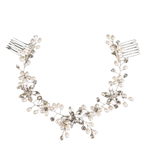 Silver bridal hair vine with white pearls and clear crystals featuring double hair combs