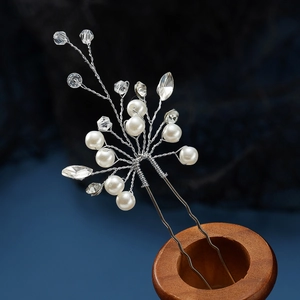Handgefertigte Kunstperle Kristall Blume Braut Haarnadel U-Form Silberdraht Blatt Hochzeit Haarschmuck Für Damen
