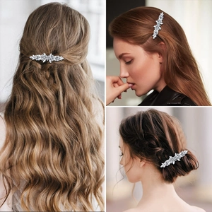 Elegant rhinestone flower leaf bridal hair clip with silver finish for wedding styles
