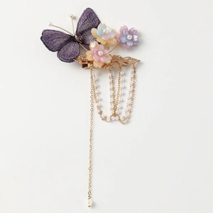 Pince à cheveux papillon brodée violette avec pampilles de perles et fleurs style Hanfu