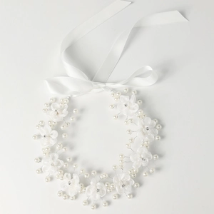 Elegant bridal floral headband with handmade white fabric flowers and pearls for weddings