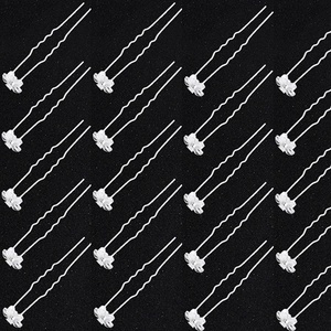 Set of 20 U-shaped silver hair pins with delicate white floral accents for weddings
