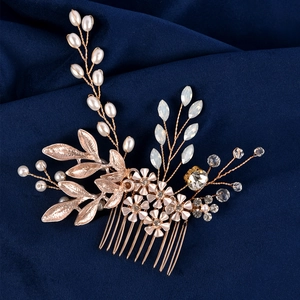 Vintage Handmade Bridal Hair Comb Gold Alloy Leaf Floral Wedding Headpiece With Faux Artificial Pearl Rhinestone For Women Jewelry