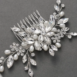 Elegant silver bridal hair comb featuring white pearls and marquise crystal flowers
