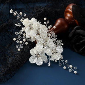 Exquisite bridal hair comb with white shell flowers, handmade pearls and crystals