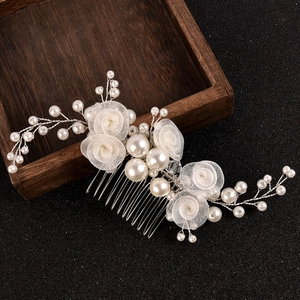 Handgefertigter Braut Haarkamm Eleganter Netzblumen Imitationsperlen Hochzeit Kopfschmuck Gewebter Draht Für Damen Bankett