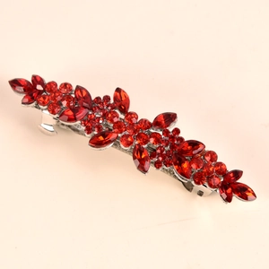 Elegant silver alloy spring hair clip with red crystal floral design for bridal wedding hair