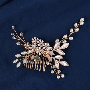 Handmade bridal hair comb with vintage pearls, crystals, and gold metal leaf details