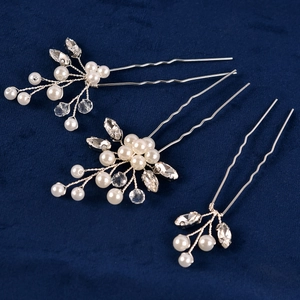 Three-piece silver bridal hair pins set with white pearls and clear marquise rhinestones