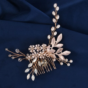 Handmade bridal hair comb with vintage pearls and crystals on rose gold floral wire