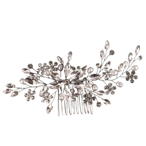 Pettine per capelli da sposa fatto a mano con perle, cristalli e foglie di strass argento