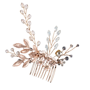 Handmade bridal hair comb with pearls and crystals in rose gold finish for weddings
