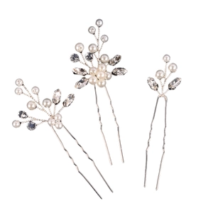 Three-piece bridal hair pin set with elegant pearls and crystals in silver finish