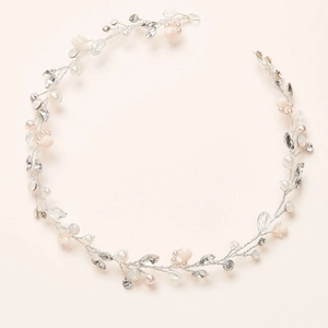 Handmade bridal hair vine with silver wire, pink pearls and sparkling crystal rhinestones