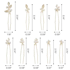 9-piece gold pearl bridal hair pins set with leaf designs and detailed size measurements