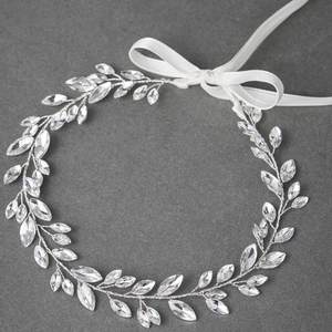 Elegant bridal hair vine with marquise crystal rhinestones and white satin ribbons