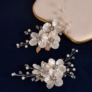 Pince à Cheveux de Mariée Faite à la Main Élégante Künstliche Perle d'Imitation Strass Pince Latérale de Mariage Bijou de Tête Floral Or Argent