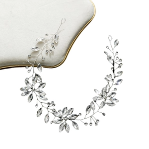 Vigne de cheveux de mariée argentée avec feuilles de cristal et strass marquise de noces