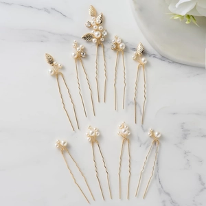 Bridal Artificial Pearl Leaf Hair Pin Set Vintage Gold Silver Plated Wedding Hair Accessories For Women Crystal Artificial Pearl Hair Stick Headpiece