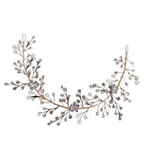 Handmade bridal hair vine with white pearls and crystals on gold wire for wedding styles