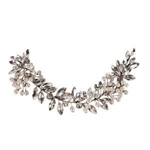 Elegant bridal hair vine with silver wire, marquise rhinestones and white pearls for weddings