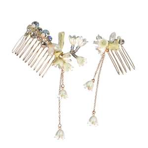 Handmade lily of the valley hair comb set with gold tassels and pearls for bridal style