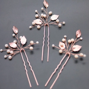 Set of 3 rose gold U-shaped hair pins with crystals and white beads in leaf design