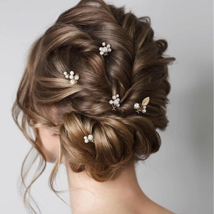 9-piece bridal pearl hair clips set with gold leaf design for wedding hairstyles