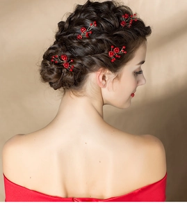 Bridal Rose Hairpin Red Crystal Alloy U Shaped Hair Fork Wedding Accessories Elegant Floral Hair Stick For Women Party