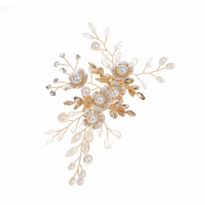 White resin flower hair clip with pearls and crystals on gold wire floral branch base