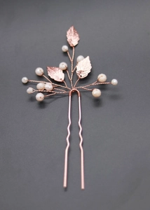 Rose gold leaf and pearl U-shaped hair pin for bridal wedding hair jewelry styling